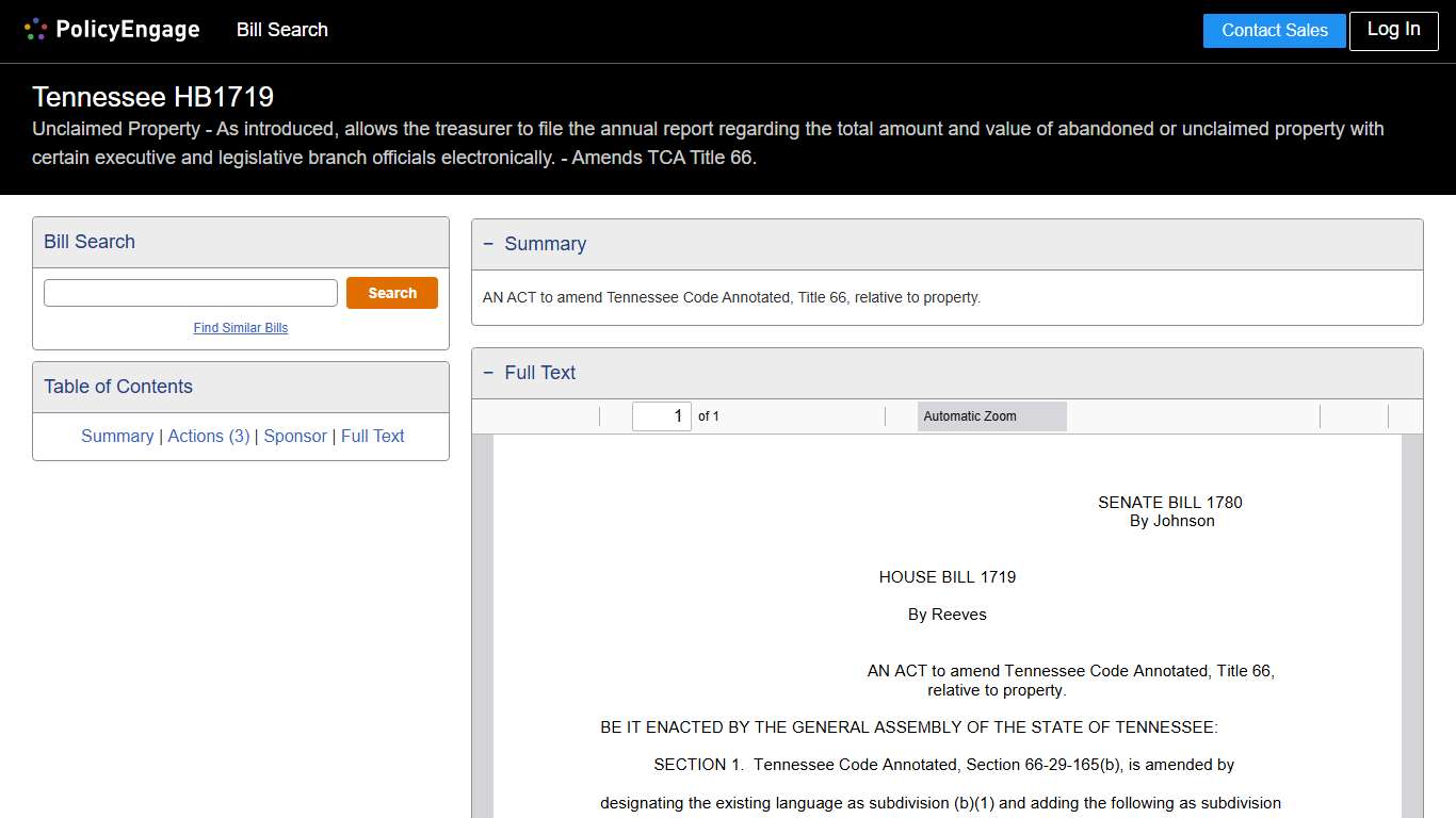 HB1719 Tennessee 2025-2026 Unclaimed Property - As introduced, allows the treasurer to file the annual report regarding the total amount and value of abandoned or unclaimed property with certain executive and legislative branch officials electronically. - Amends TCA Title 66. - Legislative Tracking PolicyEngage
