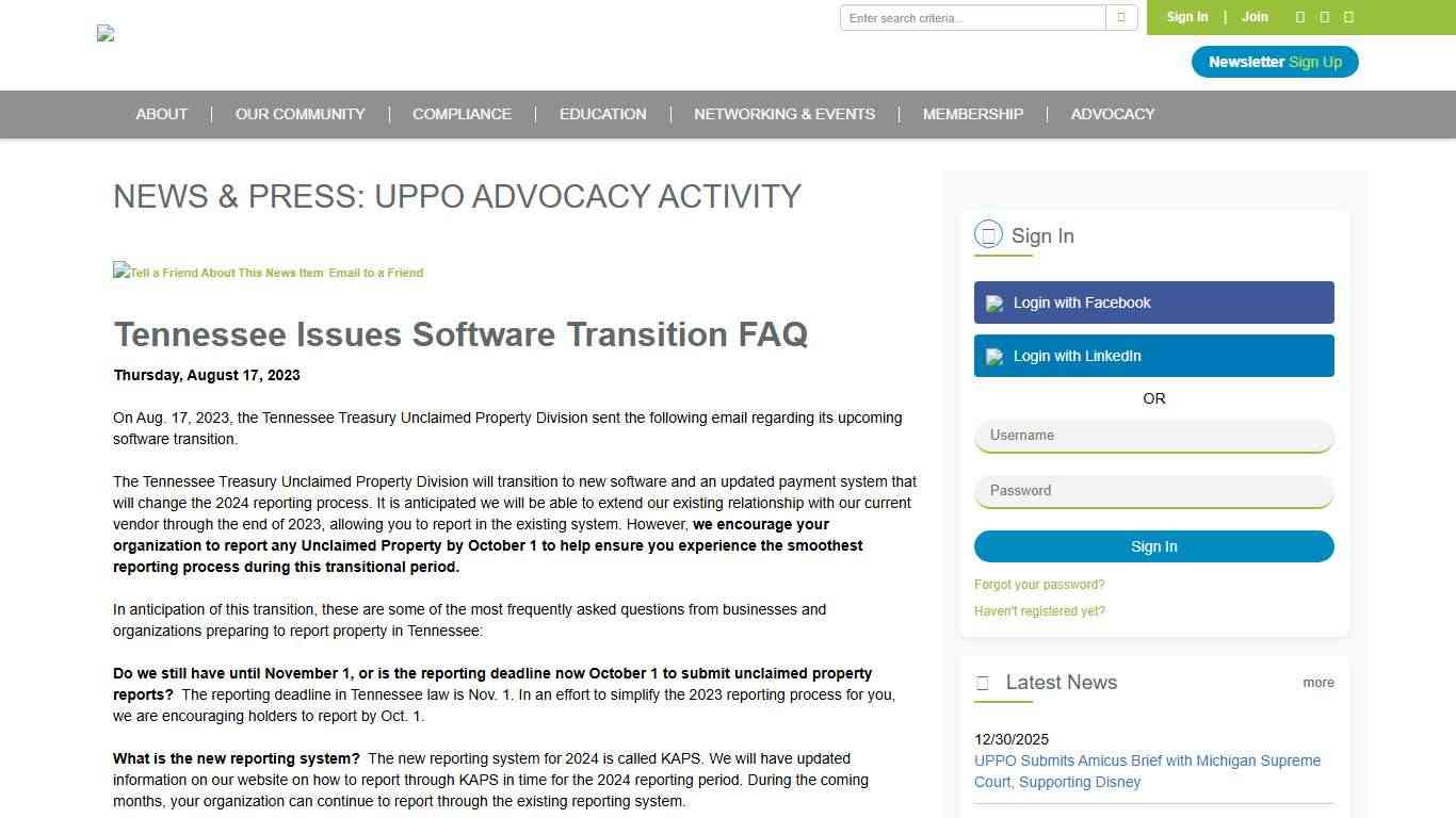 Tennessee Issues Software Transition FAQ - Unclaimed Property Professionals Organization
